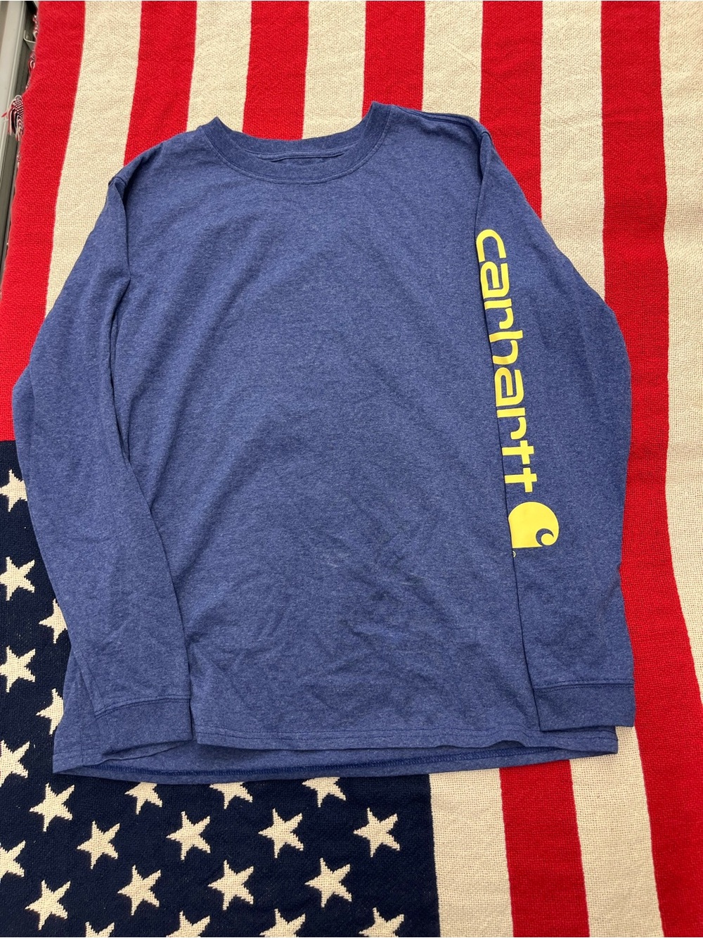 Carhartt Blue Long Sleeve Tee with Yellow Sleeve Logo Women’s Size Large 12/14